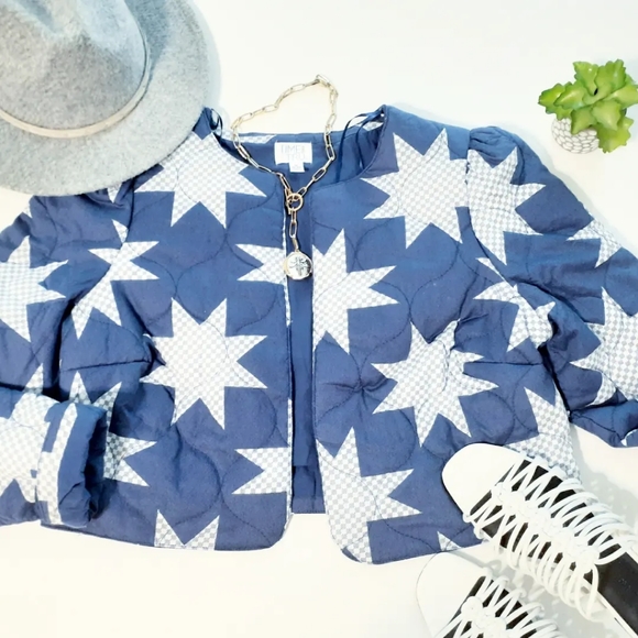 💎NWT Star Quilted Blue & White Crop Jacket - Picture 11 of 14